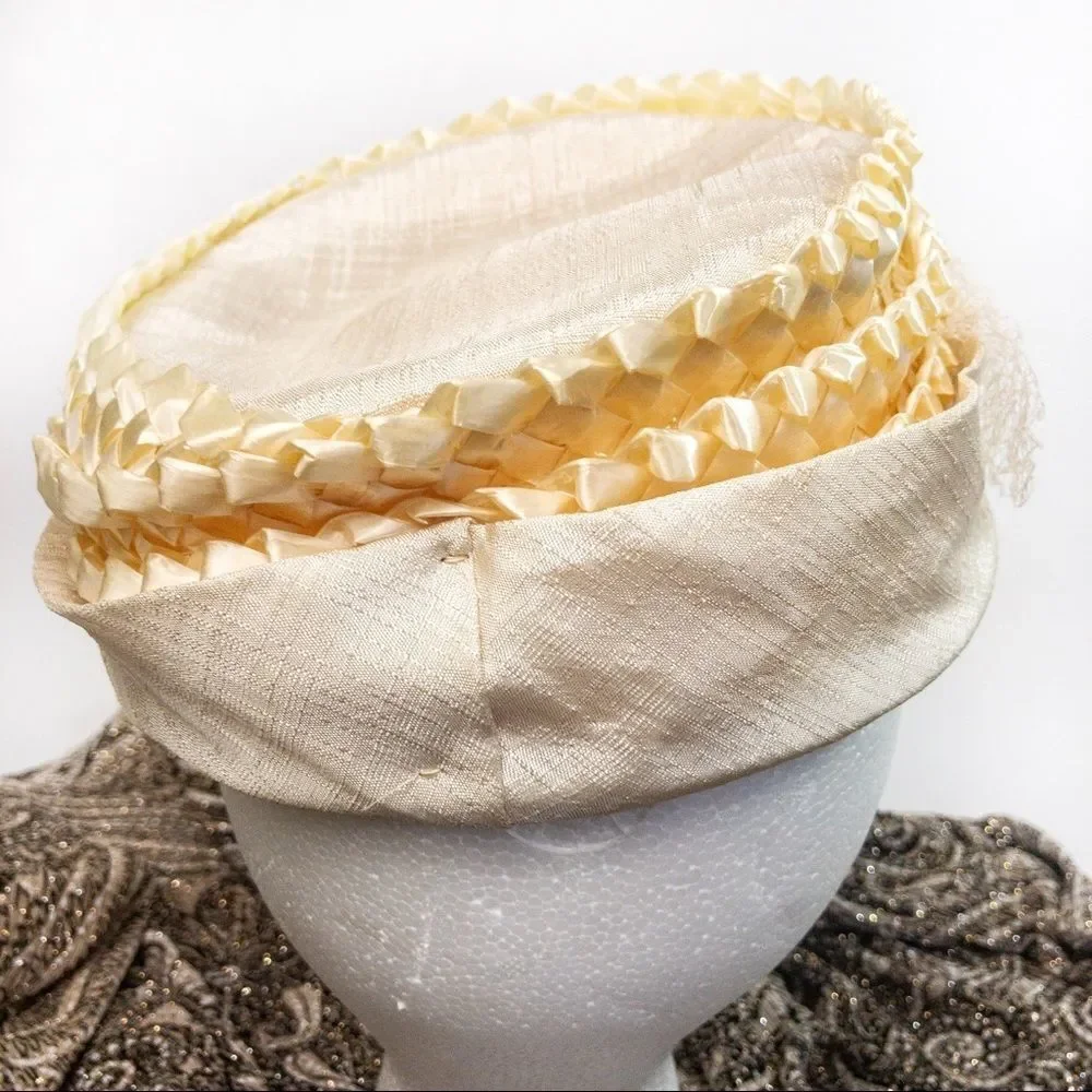 Vintage Pearl Straw Pillbox Hat with Netting - Picture 2 of 10